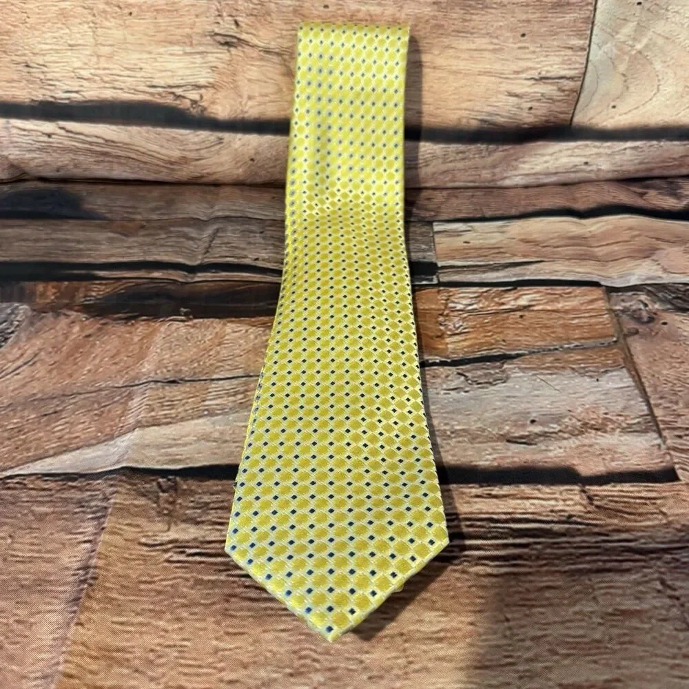 Geoffrey Beene Silk Tie Mens Yellow Blue Diamond Geometric Woven Necktie 3.5 W